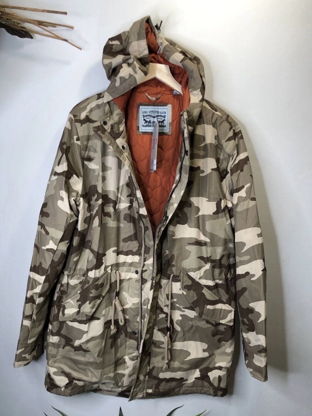 Levi's Men's Camo Hooded Parka Jacket - Beige/Olive Size M